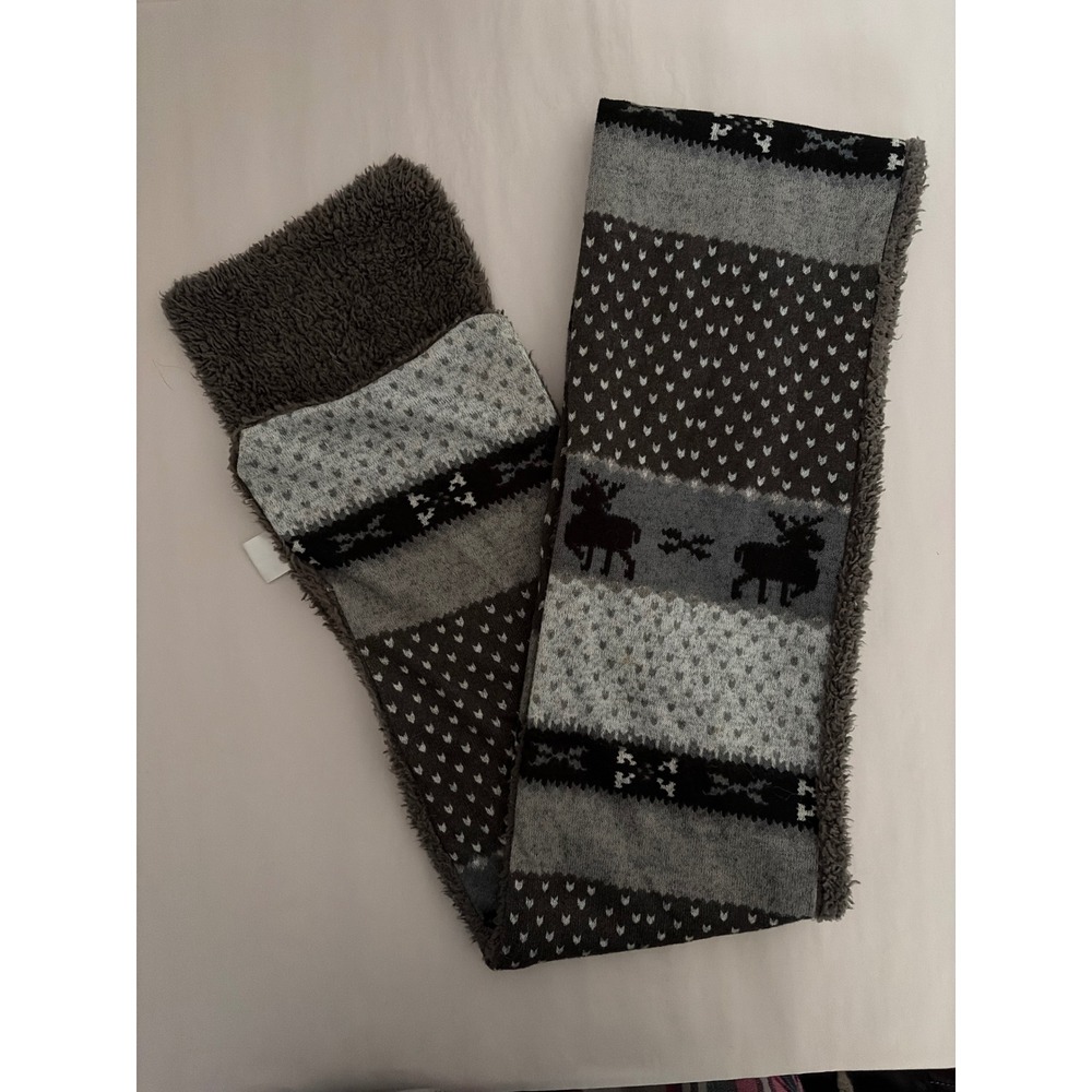 Fair Isle‎ Reindeer Scarf Unisex OS Grey Knit Fleece Lined Pushmina Monochrome